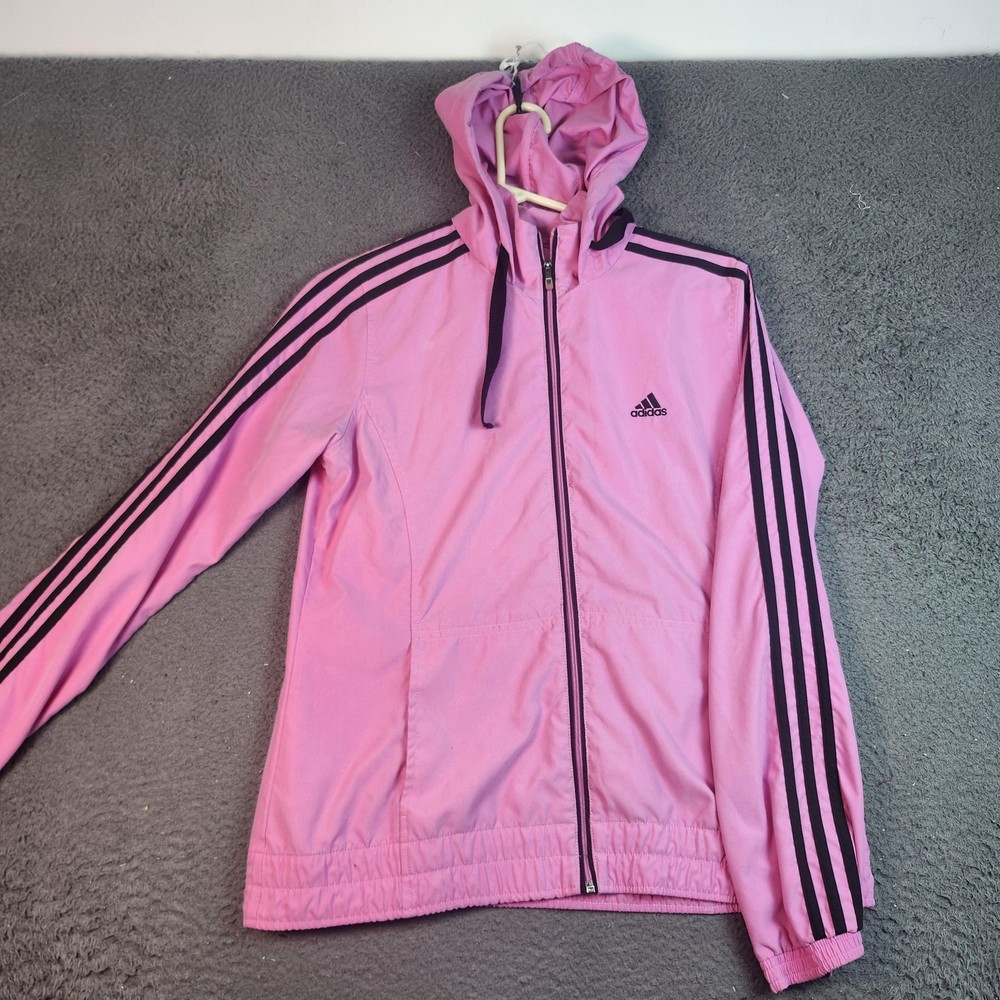 Adidas Track Jacket Womens Medium Pink Hooded Full Zip 3 Stripe Lightweight