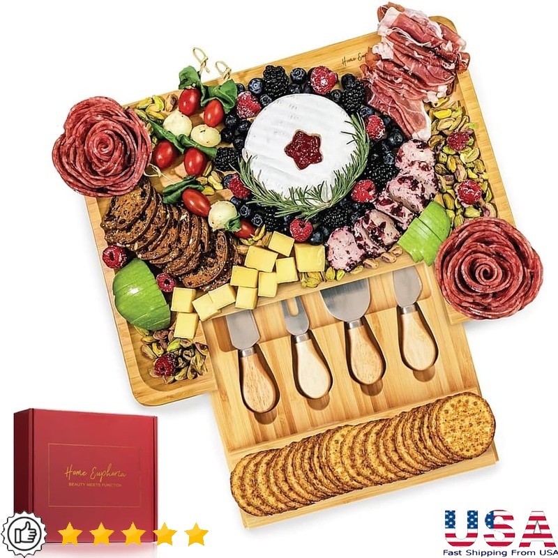 Bamboo Charcuterie Board Set Cheese Board W/ Knife Set Entertaining Gifts New