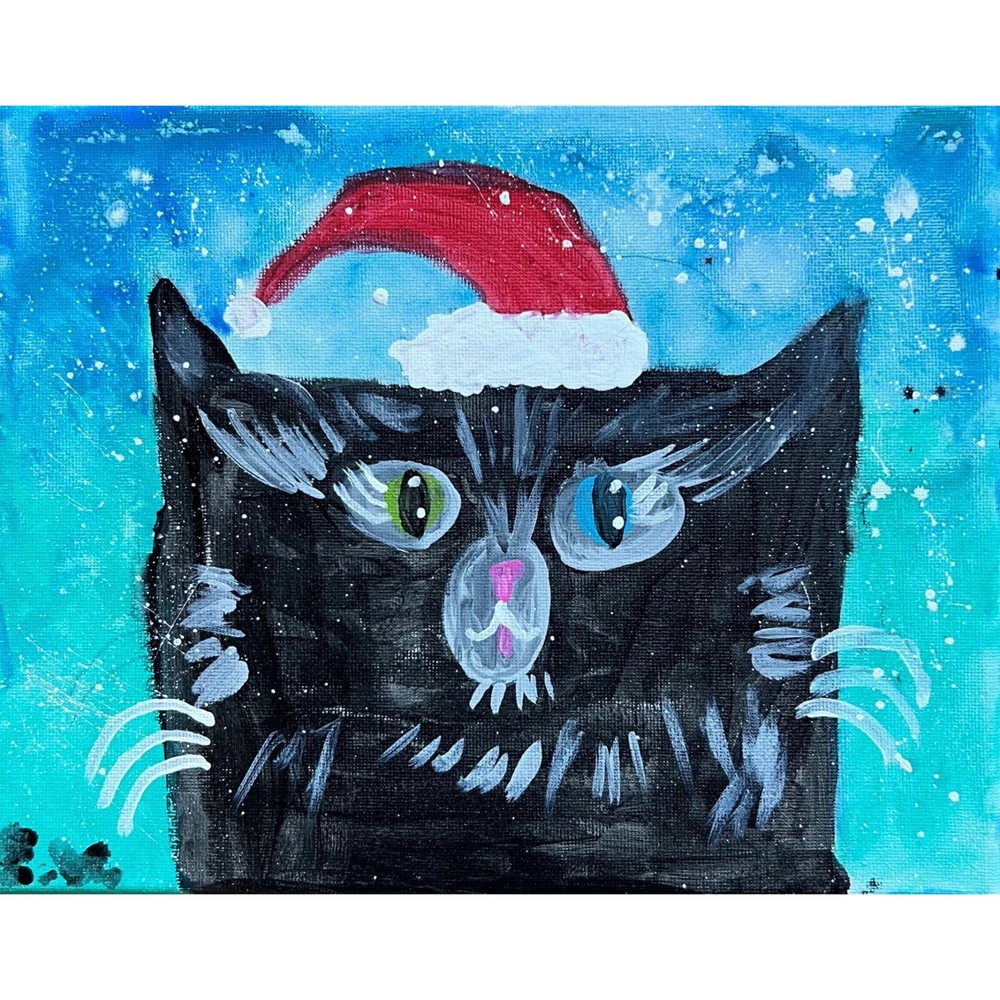 Snow Cat Painting Christmas Original Art Winter Wall Art 8”x10