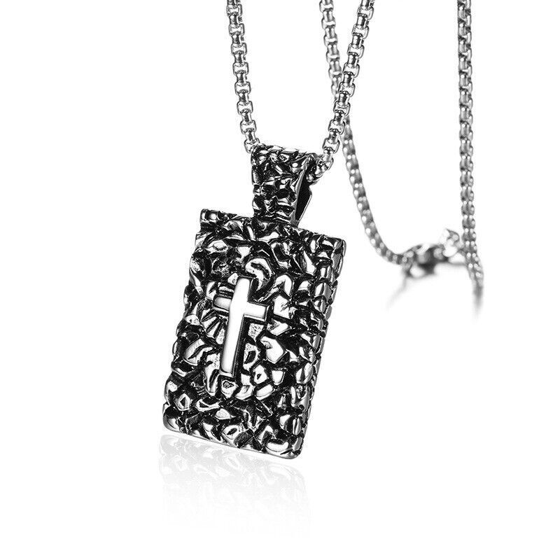 Stainless Steel Vintage Color Dog Tag Cross Pendant Necklace Men's Women's Gift