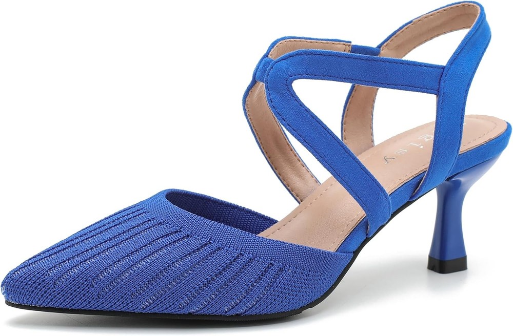 Women's Closed Toe Low Kitten Heel Knit Pumps Elastic Ankle Strap Pointed...