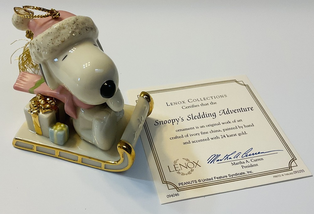 NEW 2002 Lenox Classics SNOOPY’S SLEDDING ADVENTURE Christmas Ornament w/COA