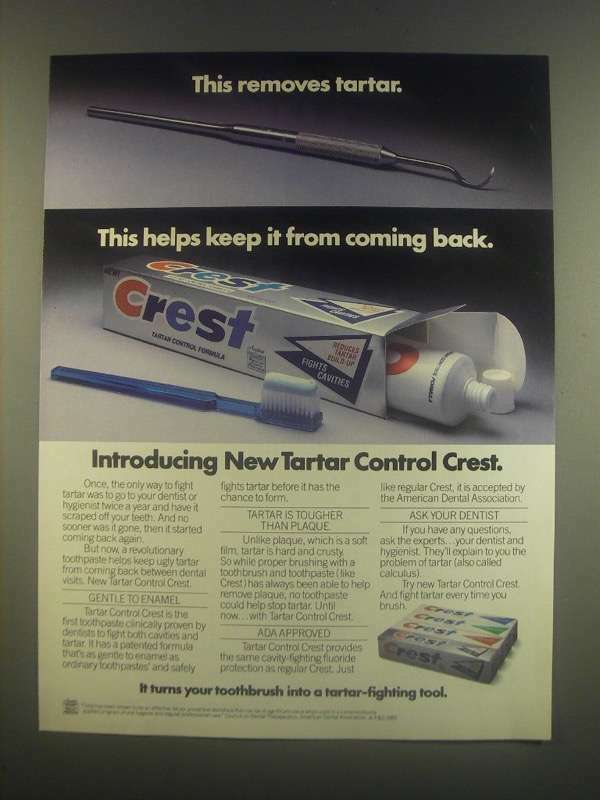 1985 Crest Tartar Control Toothpaste Ad Removes Plaque Effectively