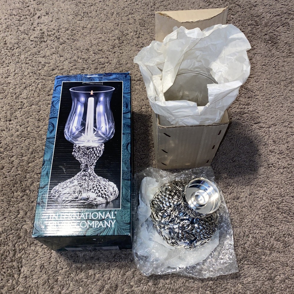 Vintage International Silver Glass Hurricane with Grape Design 9 7/8 Inch