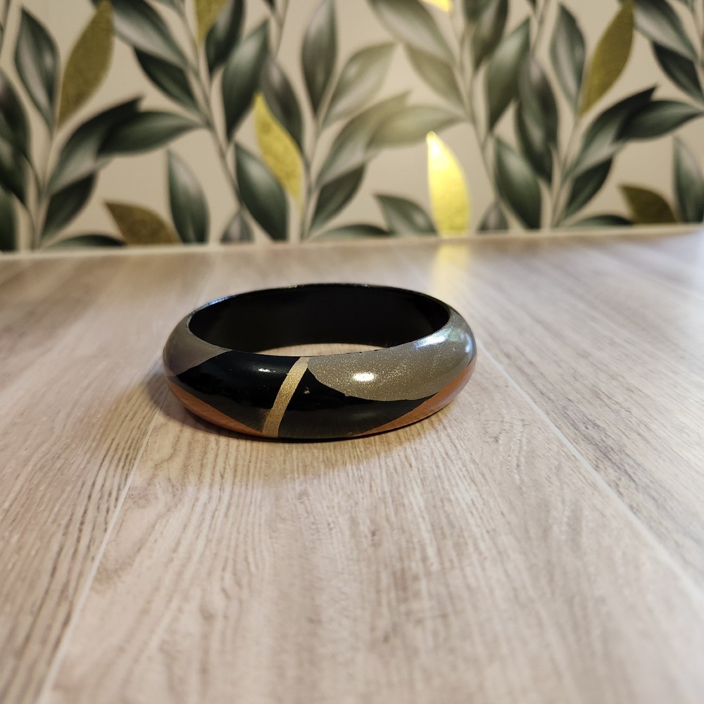 Black Gold Geometric Enamel Wooden Bangle Bracelet - Copper Art Design
