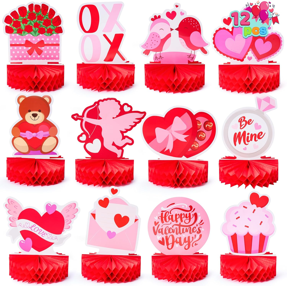 12 Pcs Valentine'S Day Honeycomb Centerpieces, Table Decorations with Red Pink H