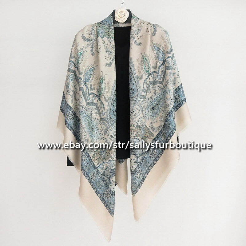 70% Cashmere 30% Silk Paisley Print Shawl Wrap Scarf 53 Inch Blue Double Face