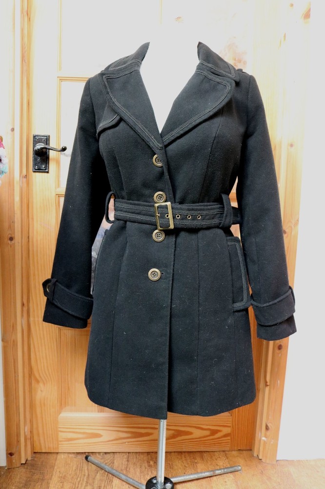 Evans Thick Black Belted Coat for Women Size 14 Classic Trench Style