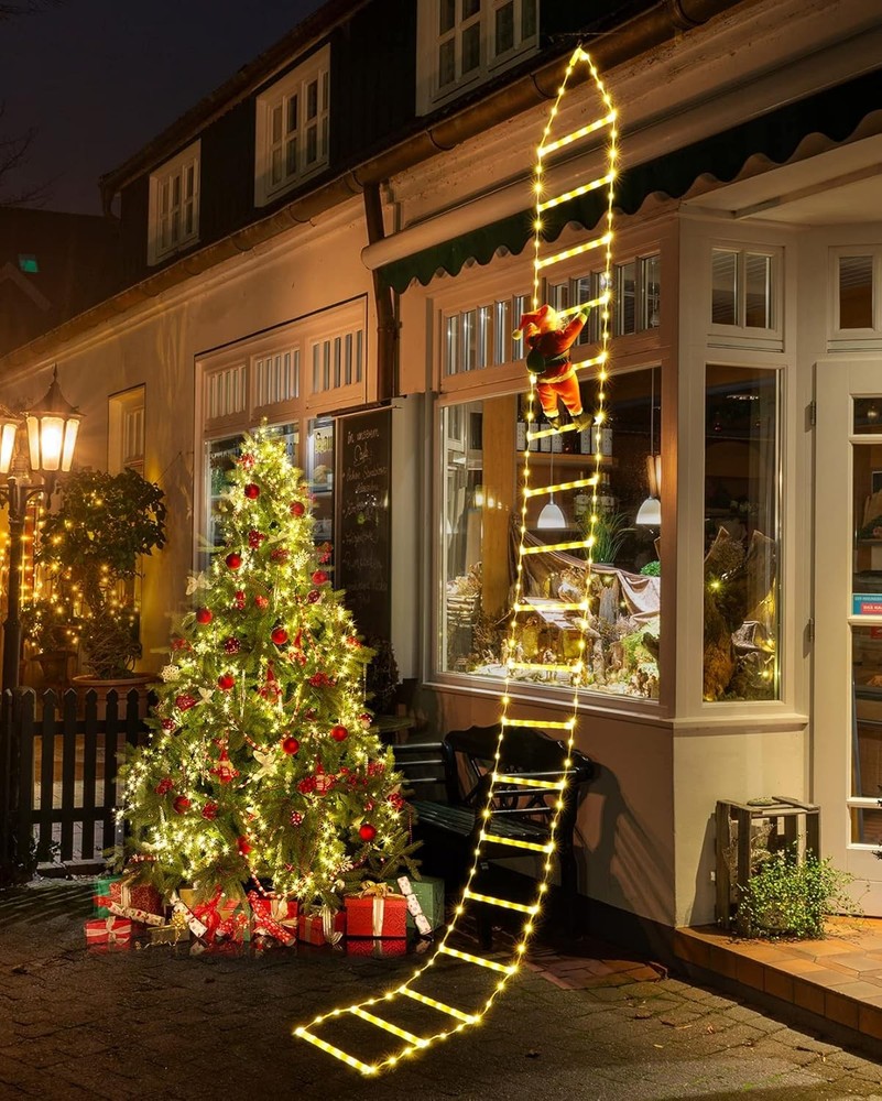 Christmas Decorations LED Ladder Lights with Climbing Santa 10FT, Warm White