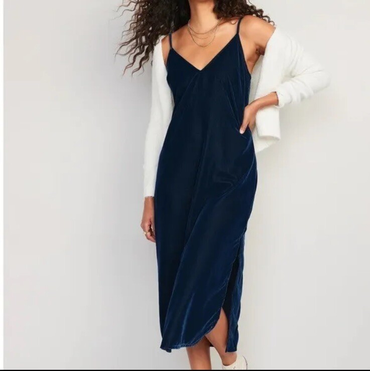 OLD NAVY Velvet Midi Slip Dress NWT Size L Navy Blue Beautiful Elegant Soft Sexy