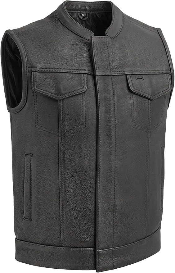 Men's Riding Biker Leather Vest - Classic Rider Hunt Club Pocket Motorcycle Vest