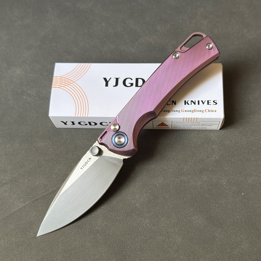 YJGDCN RIHE Design Folding Knife M390 Blade Button lock Titanium Handle YJ2526