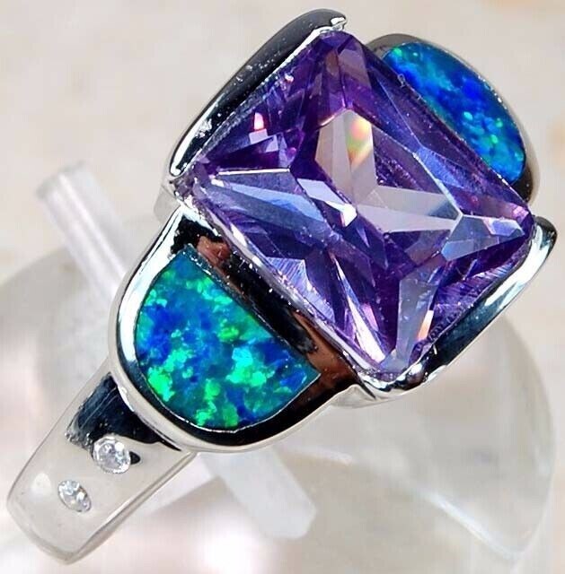 3CT Amethyst & Australian Opal Inlay 925 Sterling Silver Ring Jewelry Sz 6 BA1