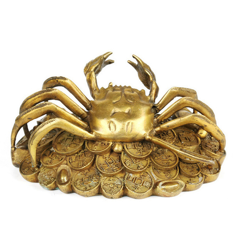 13cm Chinese Old Fengshui Copper Handwork Carve Ingots Money Crab Statue Crafts