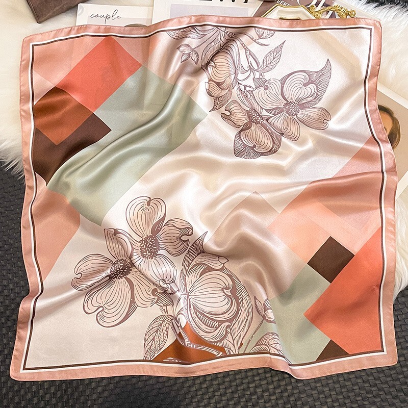 100% Silk Scarf Women Pink Geometric Flower Kerchief Square Bandana Wrap 68*68cm