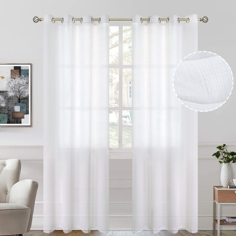 White Sheer Grommet Curtains 84 Inches Long Semi-Transparent Light Filtering for Bedroom