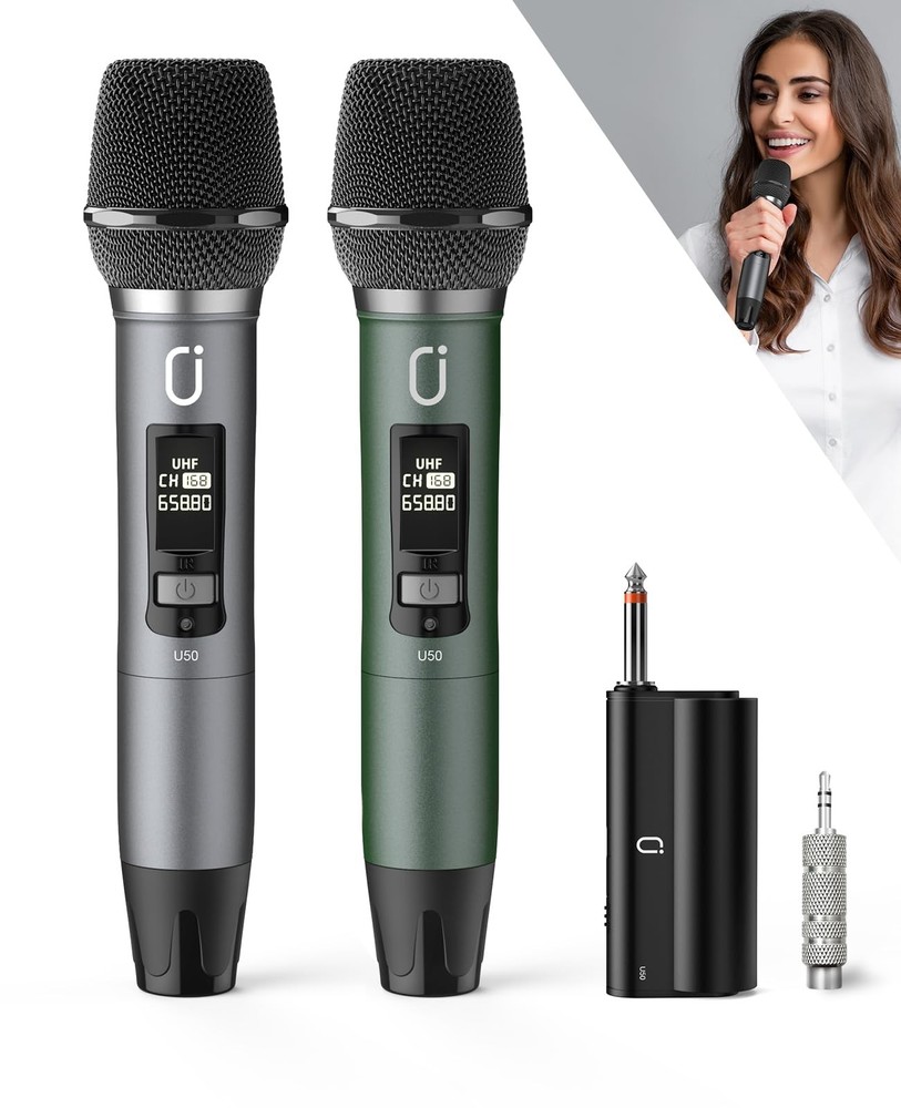 UHF Wireless Karaoke Microphone Set with Dual Dynamic Rechargeable Mics