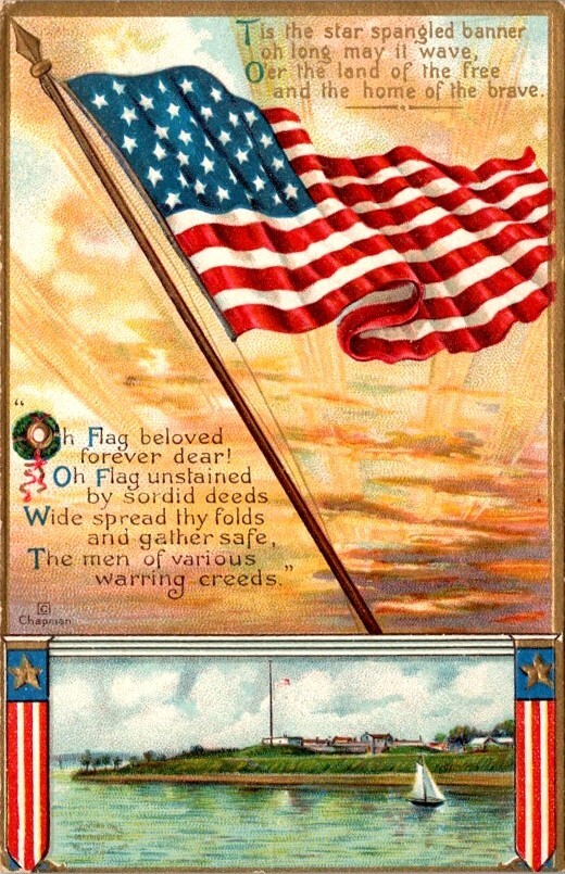 Vintage Postcard Patriotic American Flag and Old Fort with Poem            15507