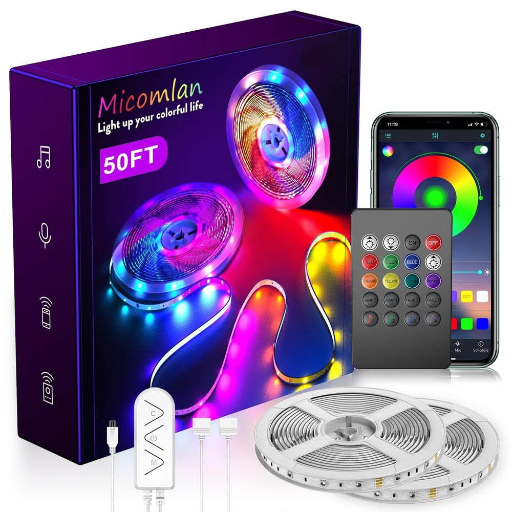 50ft RGB LED Strip Lights with Music Sync Color Changing for Home Decoration