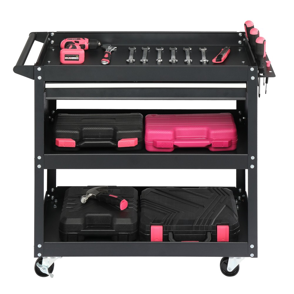 Heavy Duty 3 Tier Rolling Tool Cart Utility Storage with Pegboard Drawer Hooks