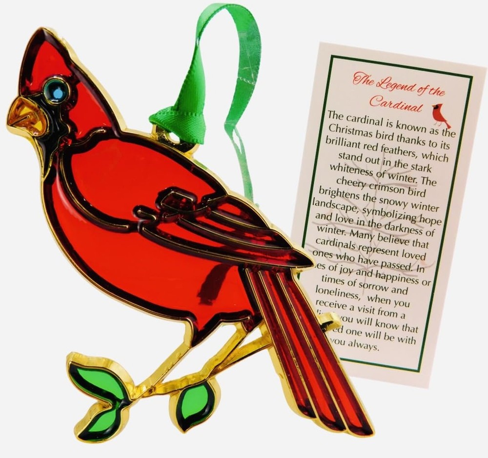 Cardinal Christmas Ornament with Green Ribbon and Keepsake Legend Card for Holiday Decor