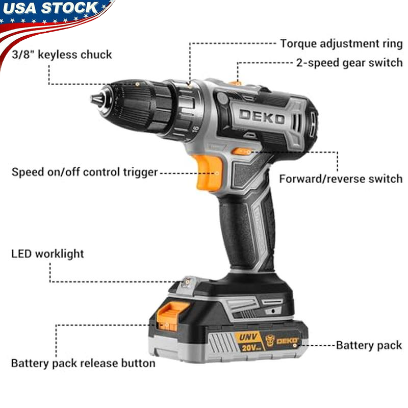 Power Drill Cordless 20V Electric Power Drill Set Tool W/ Battery & Charger New