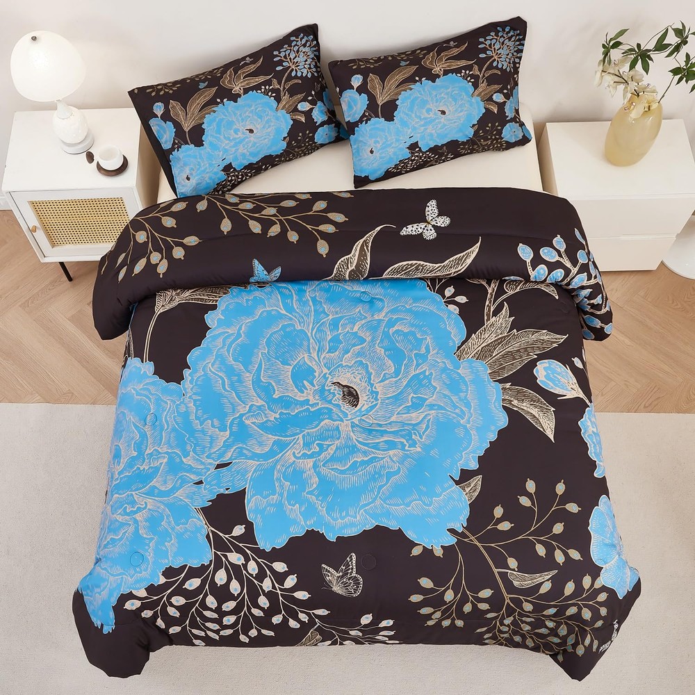 Black and Blue Floral Comforter Set 3 Pieces Queen Size Botanical Bedding Set...