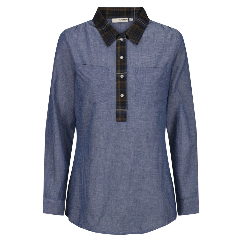 Womens Blue Cotton Shirt Blouse Top Chambray Quarter Button Anmol BNWT Size 22