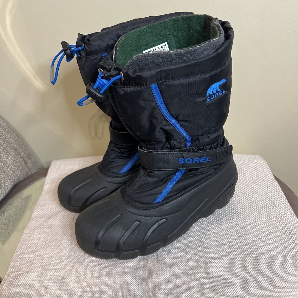 Sorel Youth Flurry Black Blue Lined Winter Boots Size 6
