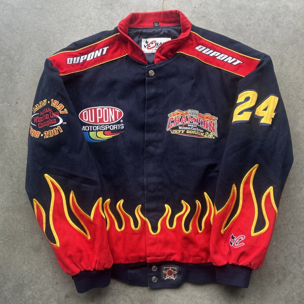 Vintage DuPont NASCAR Jeff Gordon 24 Flames 2001 Jacket Champion JH Chase Large