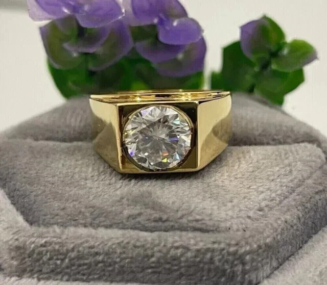3.00Ct Round Cut Moissanite Men's Engagement Wedding Ring 14K Yellow Gold Plated