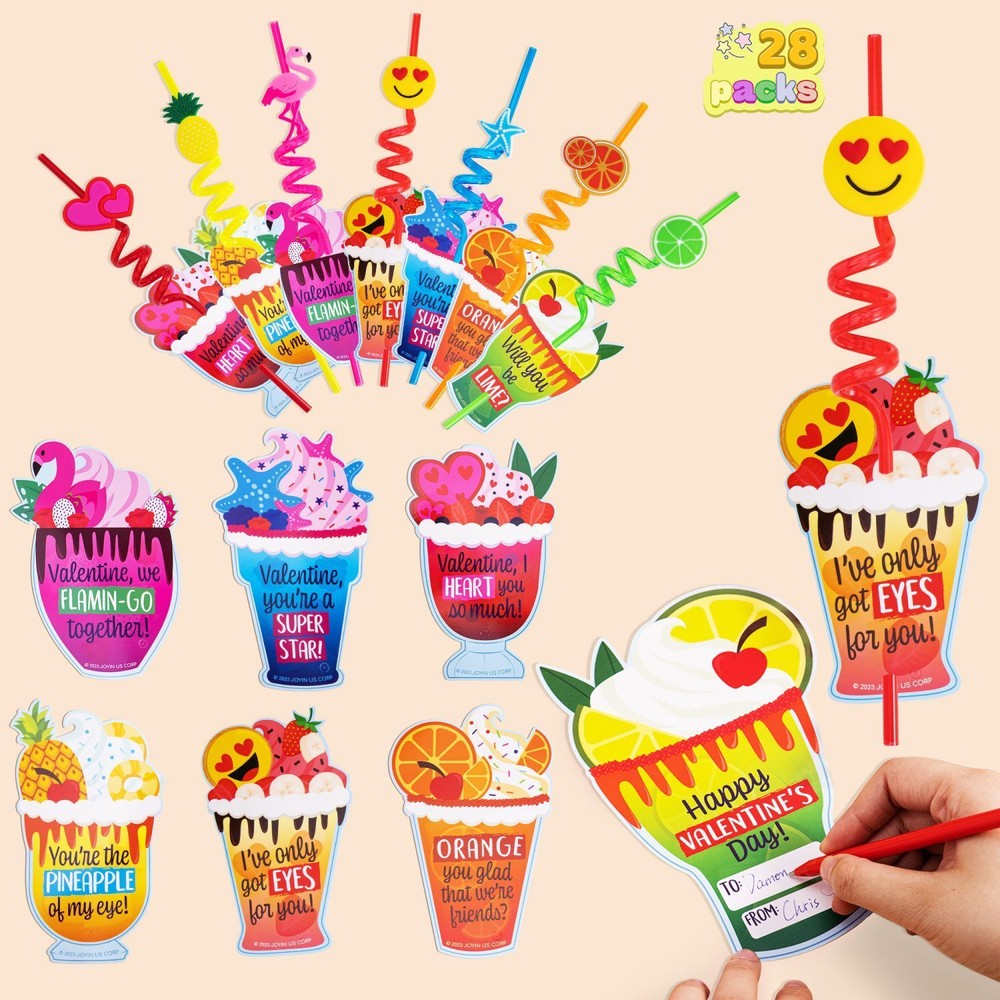 Valentines Day Gift Cards with Colorful Crazy Loop Reusable Straws Kids Toys-image