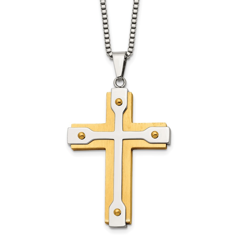 Stainless Steel Yellow IP Cross Pendant Box Chain Necklace 22 Inch 27.22g