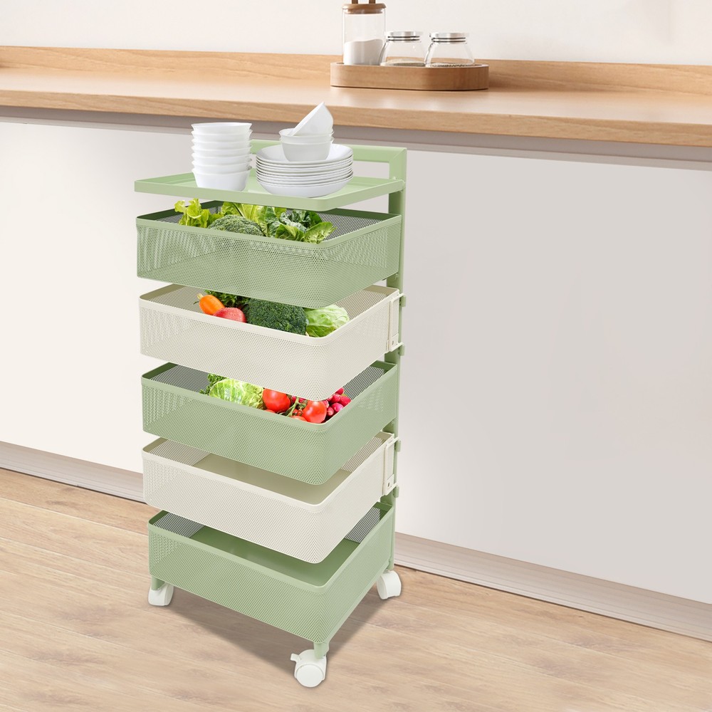Green & White Rotating Kitchen Storage Rack with 5 Baskets and Wheels