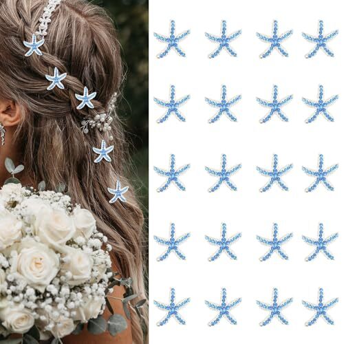 Cute Blue Starfish Rhinestone Hair Pins Clips Barrettes Set 20Pcs