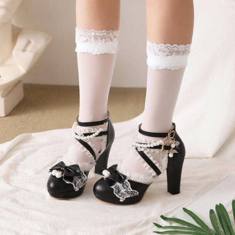 Women's Round Toe Block Heels with Buckle Straps Lace Bowknot Pearl Decor Casual Shoes