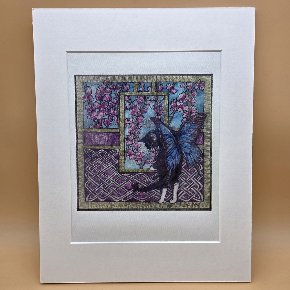 Vintage Signed B 2004 Cat with Butterfly Wings and Cherry Blossoms Art Drawing
