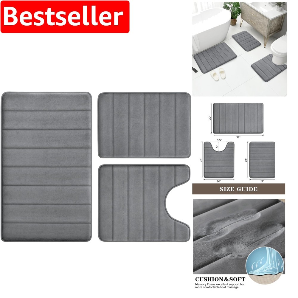 Dark Grey Memory Foam 3-Piece Bath Rug Set Soft Non-Slip Machine Washable