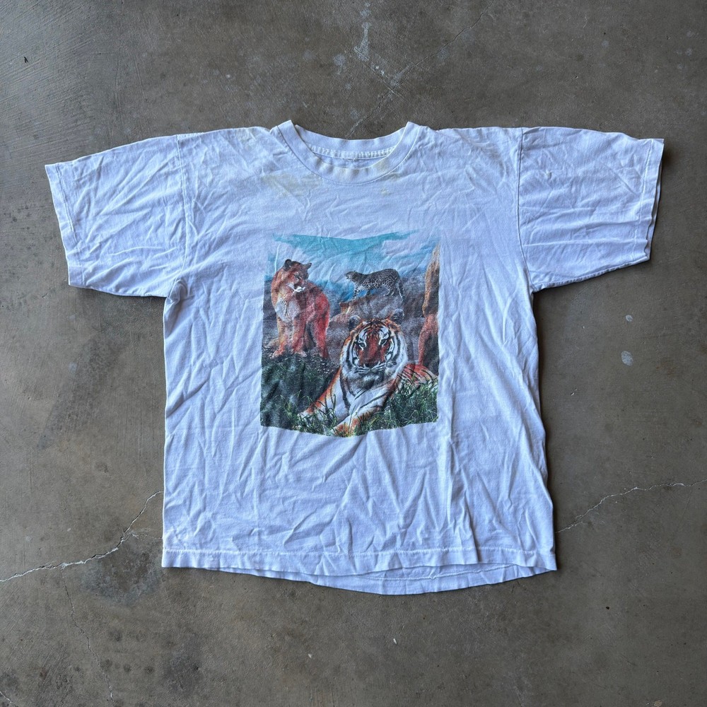 VINTAGE 90S TIGER LION ANIMAL T-SHIRT NATURE SINGLE STITCH FITS MEDIUM STAINS