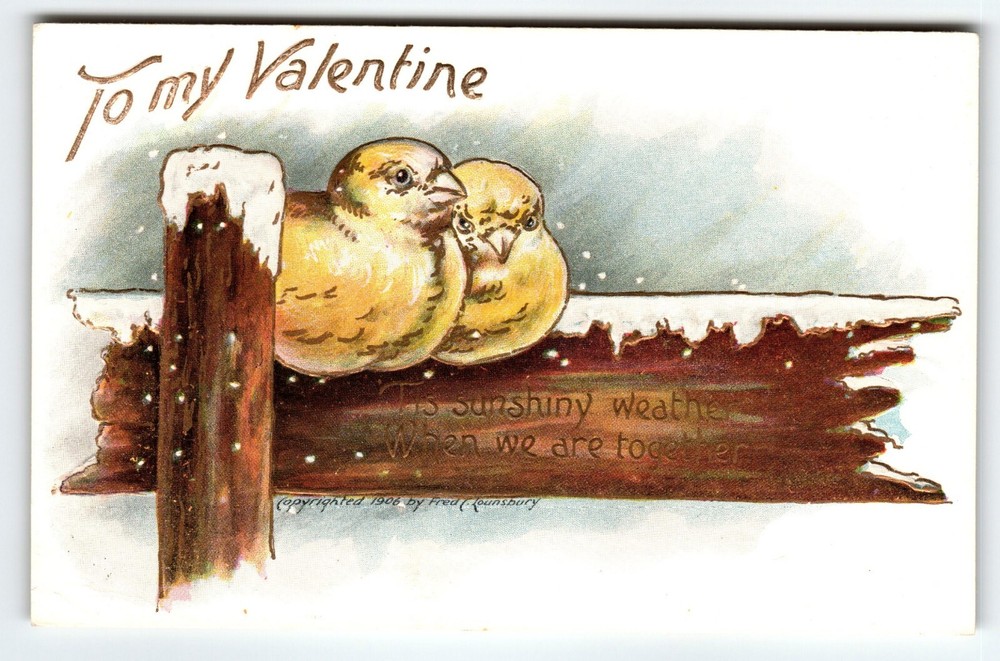 Vintage Valentine Postcard Love Birds on Snowy Fence Fred Lounsbury 1906