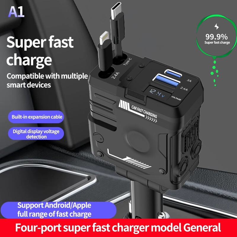 4-in-1 Retractable Car Charger with Dual USB-C PD Fast Charging Adapter