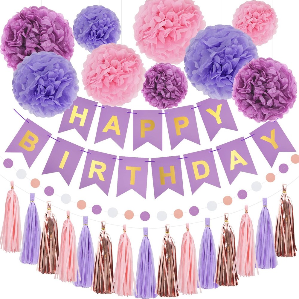 Purple Pink Birthday Party Decor Set with Happy Birthday Banner and Balloons