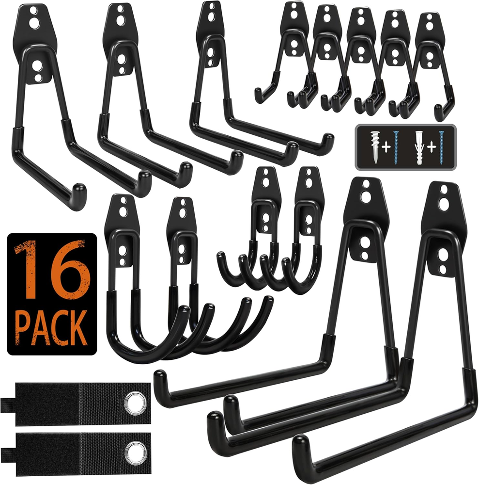 Heavy Duty Steel Garage Hooks - 16 Pack with Anti-Slip Coating for Wall Mount Storage
