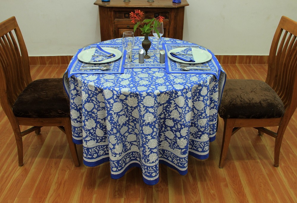 Handblock Printed Round Cotton Tablecloth For Dinning, Home Decor Table Linens