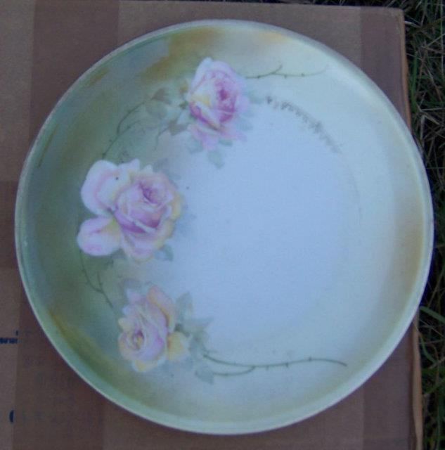 Handpainted Plate Pink Roses Green Background Three Crowns Antique Decorative