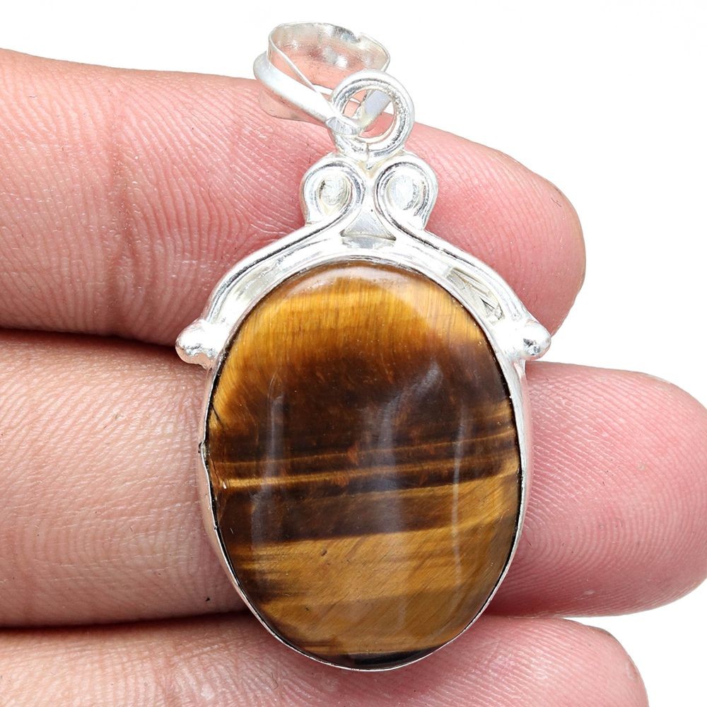 Tiger's Eye Gemstone Pendant Handmade Silver Jewelry for Mother's Day 1.75 Inch