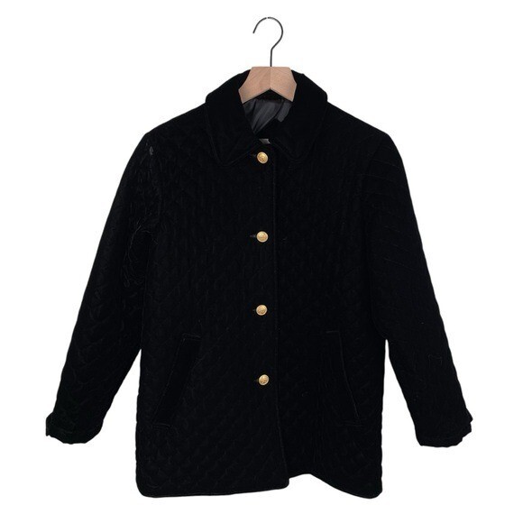 Vintage Talbots Petites Black Velvet Quilted Jacket Collared Gold Buttons Size P