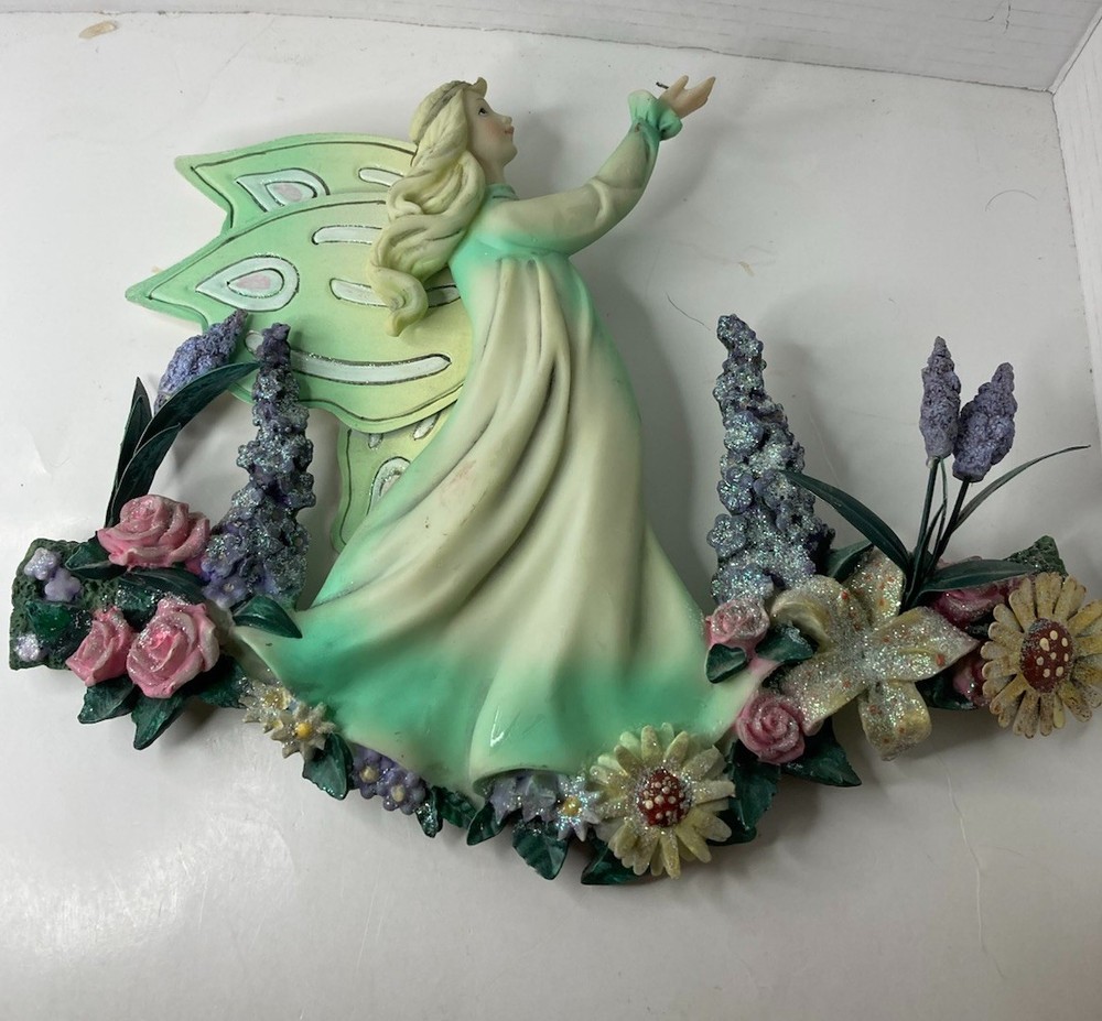 Vintage Art Deco Metal Winged Flower Fairy Wall Sculpture 9x11 Inches