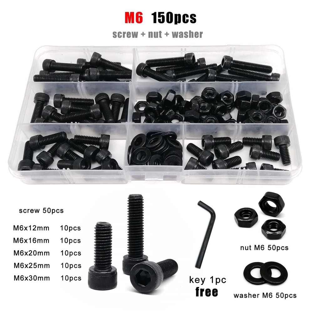 Black Grade 12.9 Steel Hexagon Hex Socket Cap Head Screw Bolt Nut Kit M1.6 to M8
