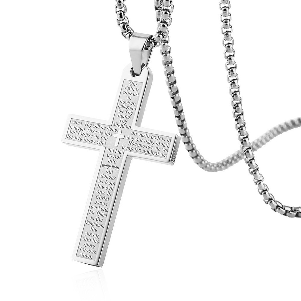 Stainless Steel Mens Womens Cross Necklace Lord's Prayer Pendant, 4 Colors Av...